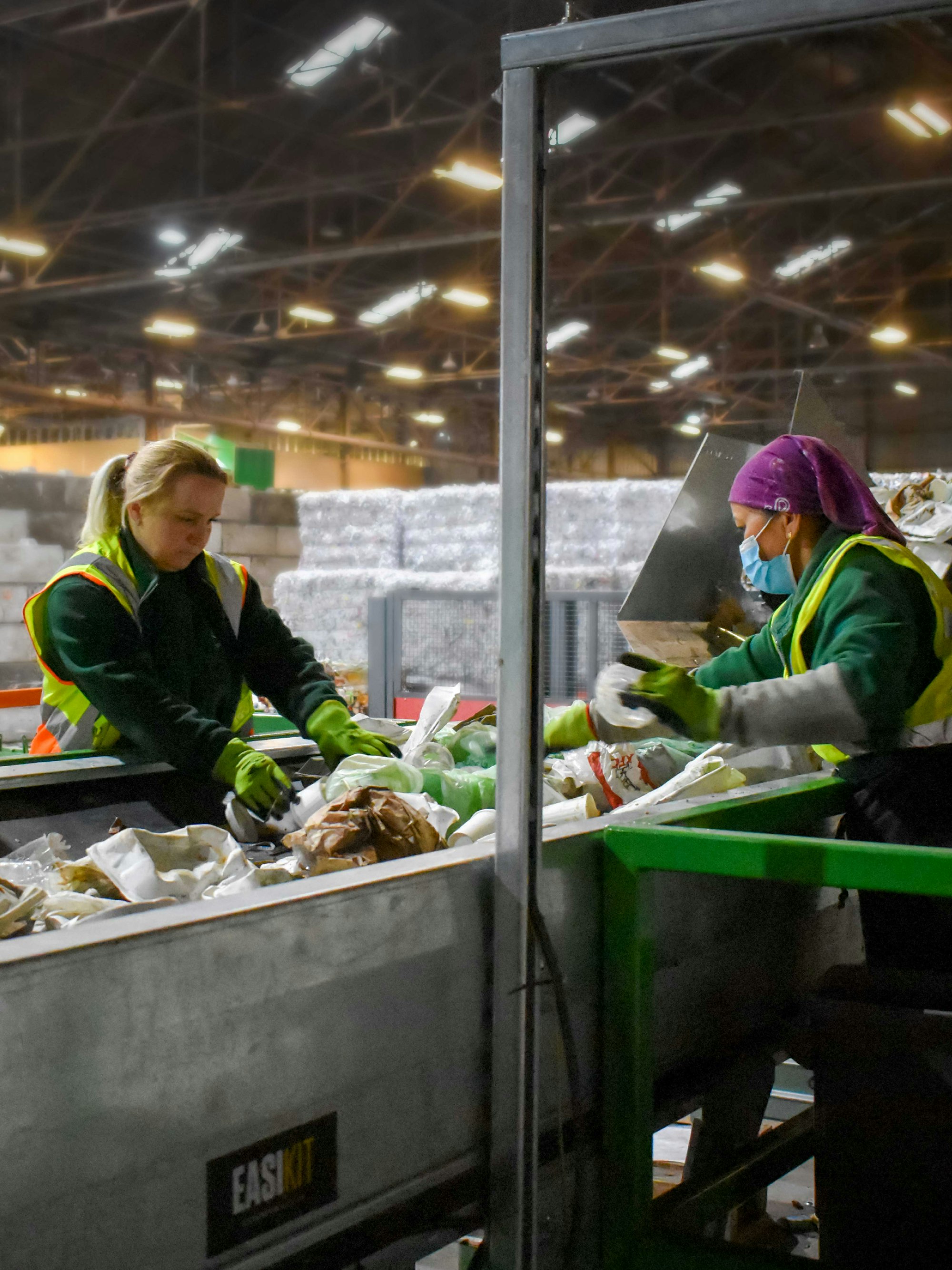 Compostable packaging sorting line with 2 pickers at Recorra's materials recovery facility.