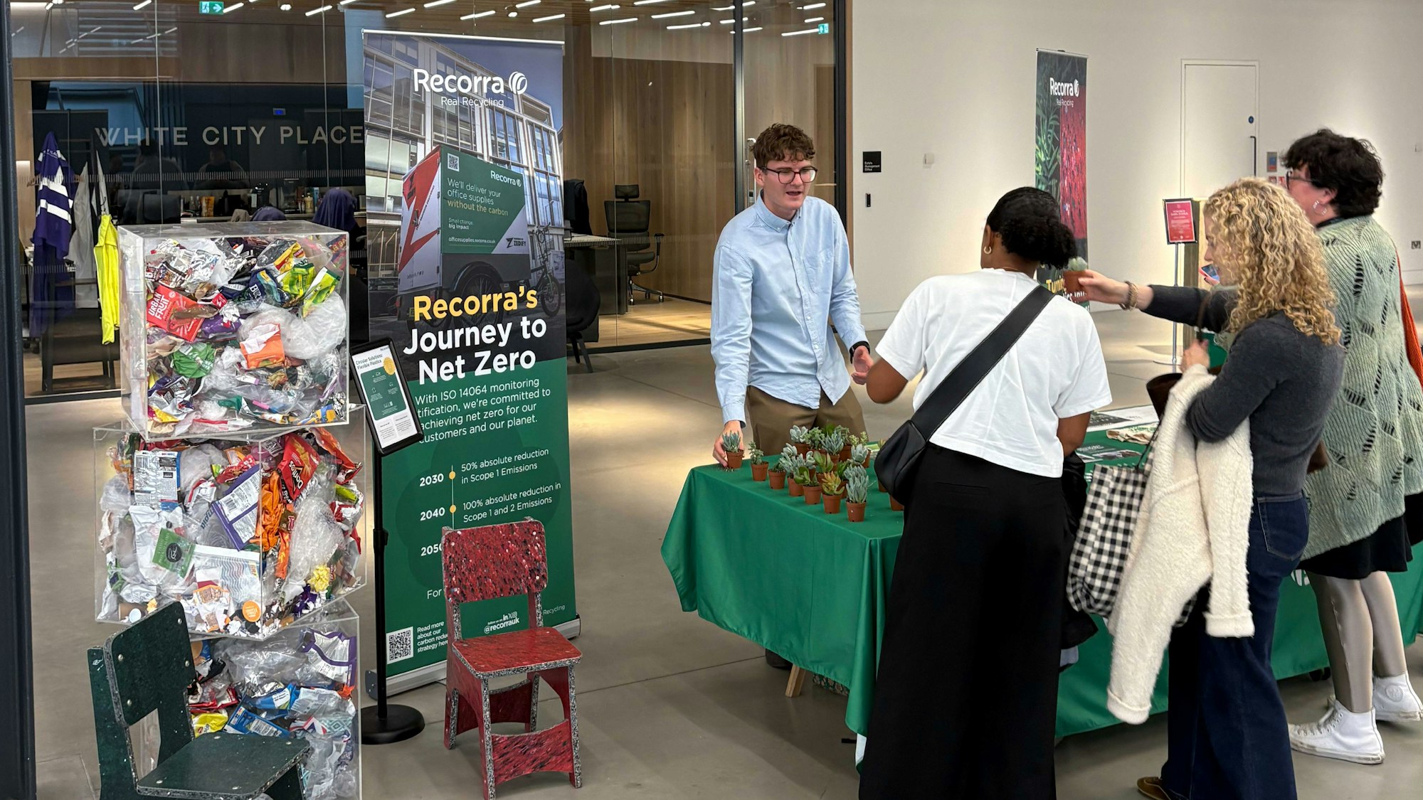 Recorra Awareness stand at a clients site, George Tanner can be seen talking to clients about recycling improvement.
