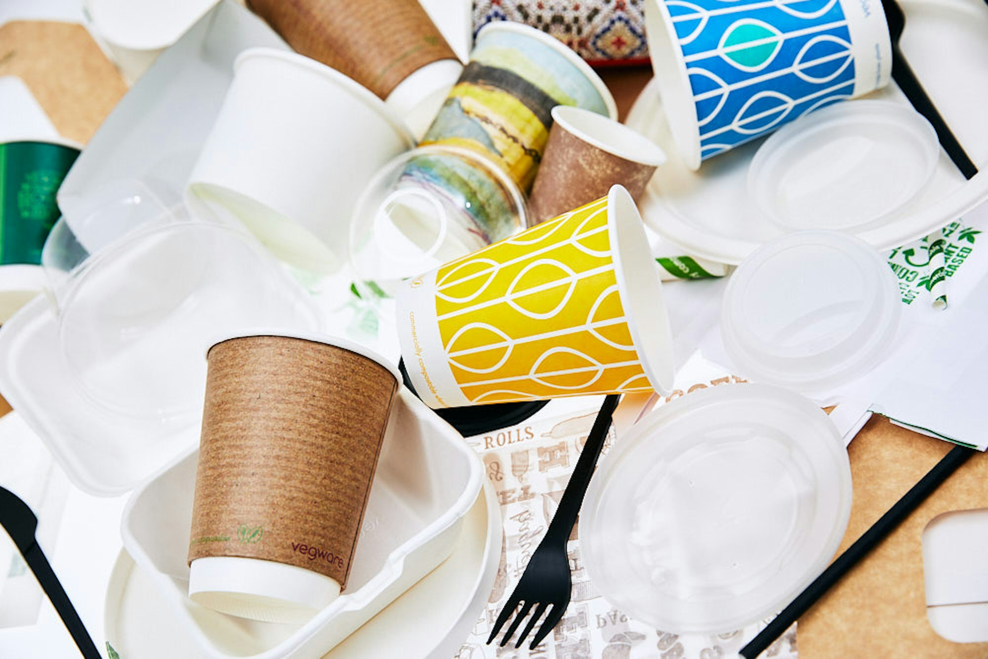 Pile of Vegware recycling ready to be collected through Recorra's Compostable Packaging Disposal service.