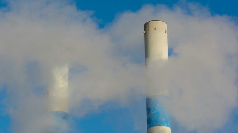2 industrial towers surrounded by smoke from an energy from waste facility.