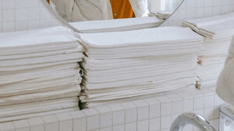 Pile of paper towels on the side of a sink in a bathroom.